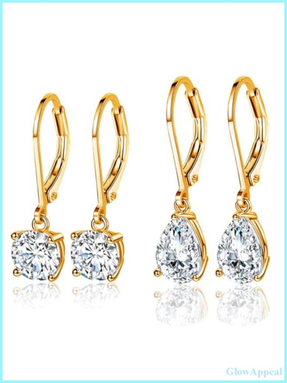 18K Gold Plated Leverback Dangle Earrings CZ Set of 2